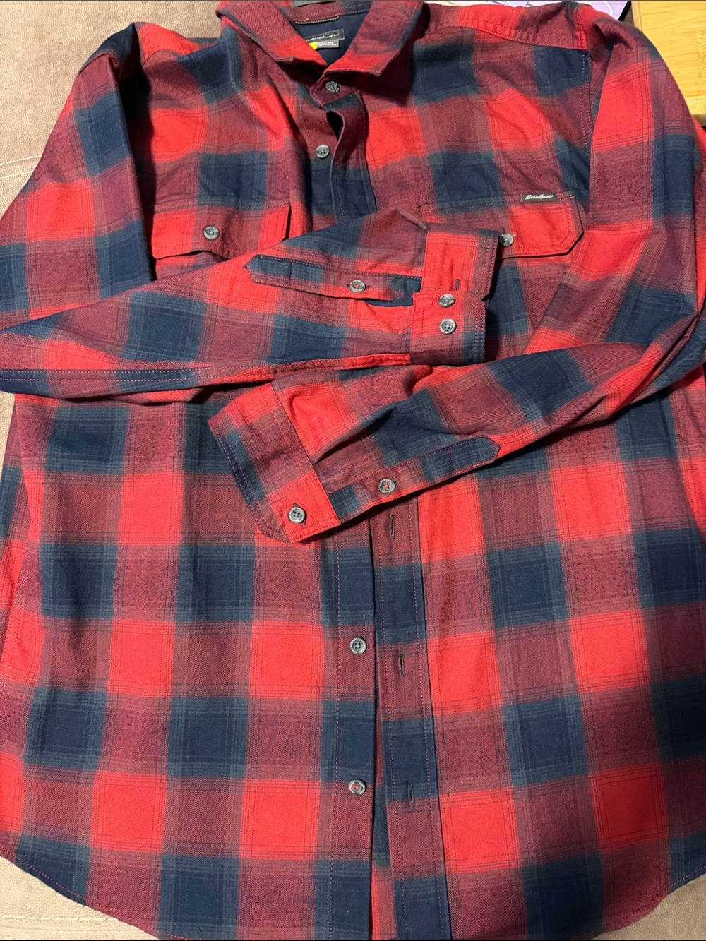 Eddie Bauer Red and Navy Plaid Button-Down Shirt - Picture 5 of 6